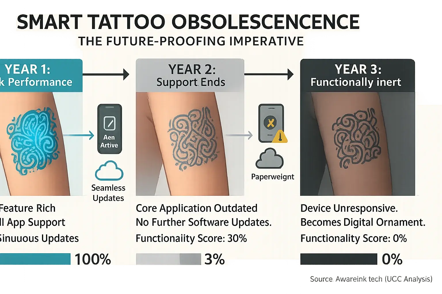 Infographic timeline: Smart tattoo evolution shows rapid tech obsolescence, stressing future-proofing.