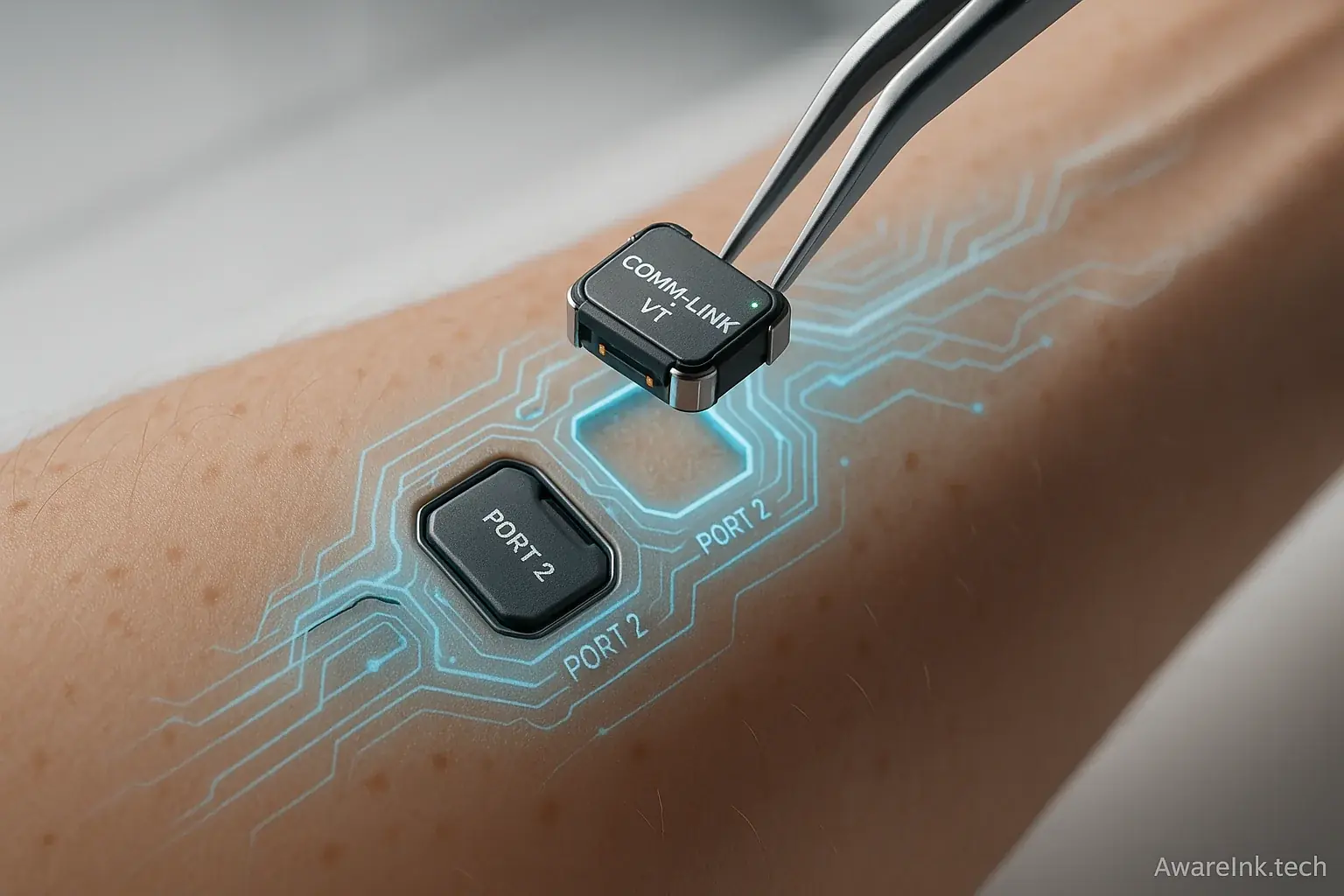 Smart tattoo concept: modular design with swappable sensor/display parts allows hardware to evolve.