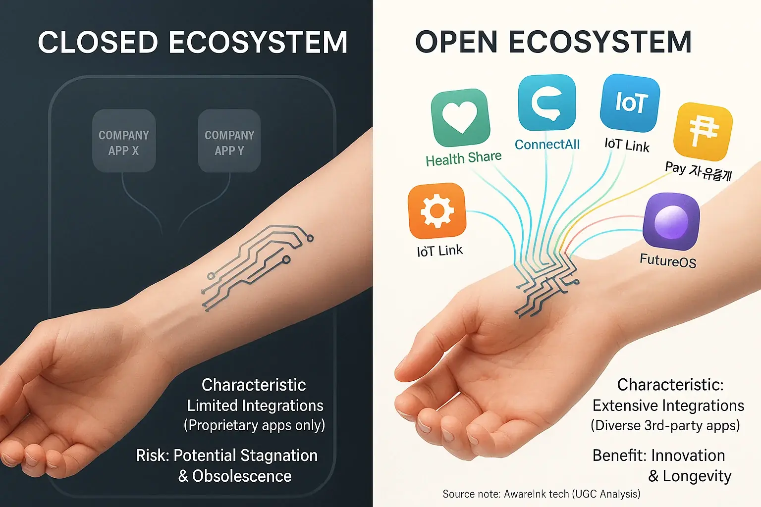 Smart tattoo ecosystems: 'Walled Garden' (closed, few integrations) vs. 'Open Field' (open, many integrations, community)