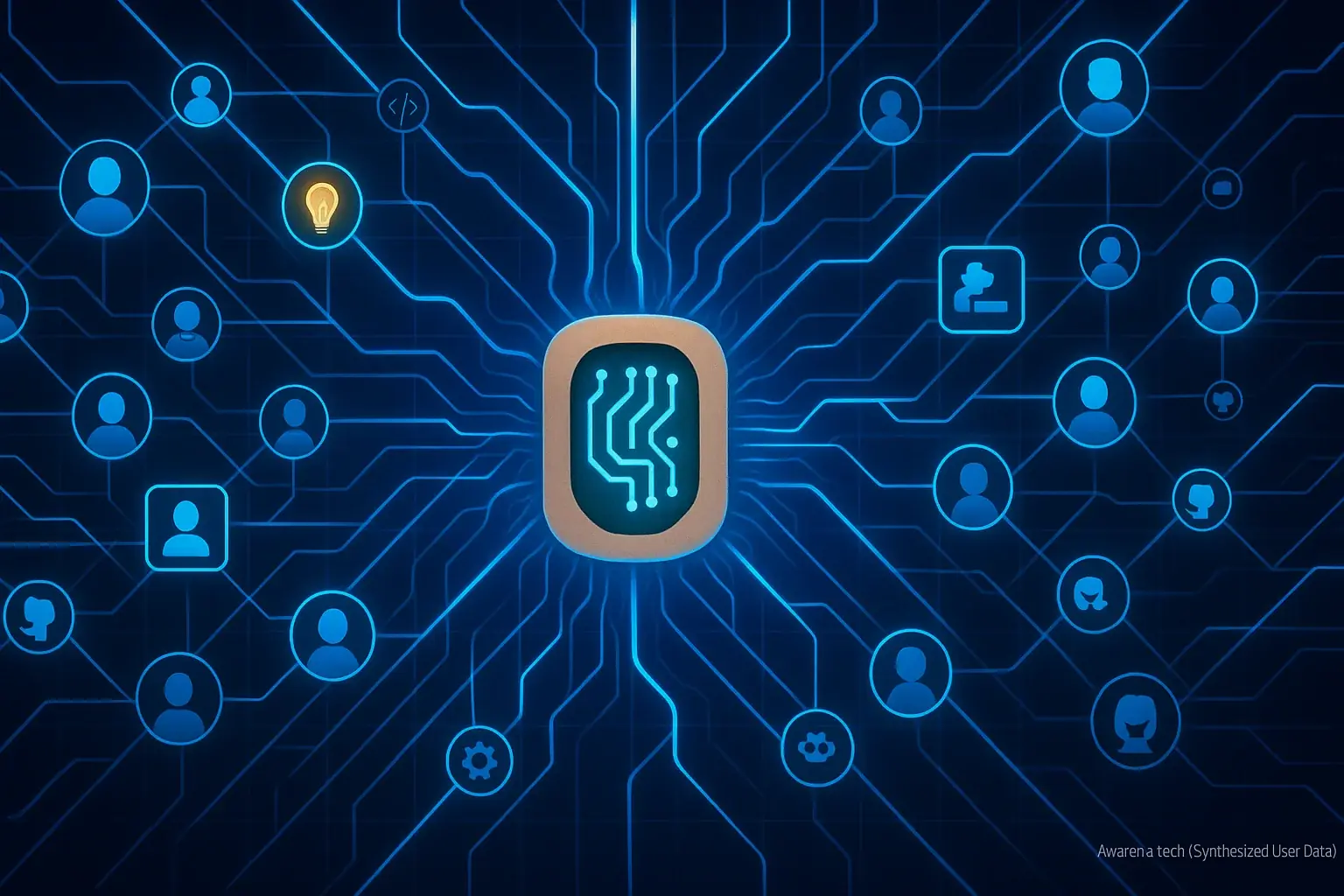 Stylized, interconnected network of users & developers supporting a smart tattoo icon, showing community power.