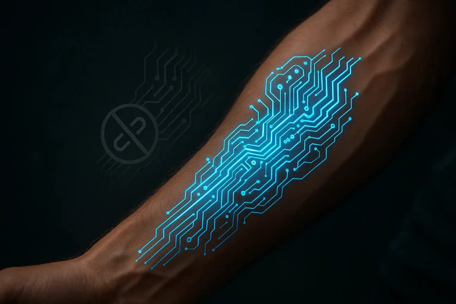 Glowing smart tattoo, a subtle 'broken' icon behind hints at early tech's potential obsolescence.