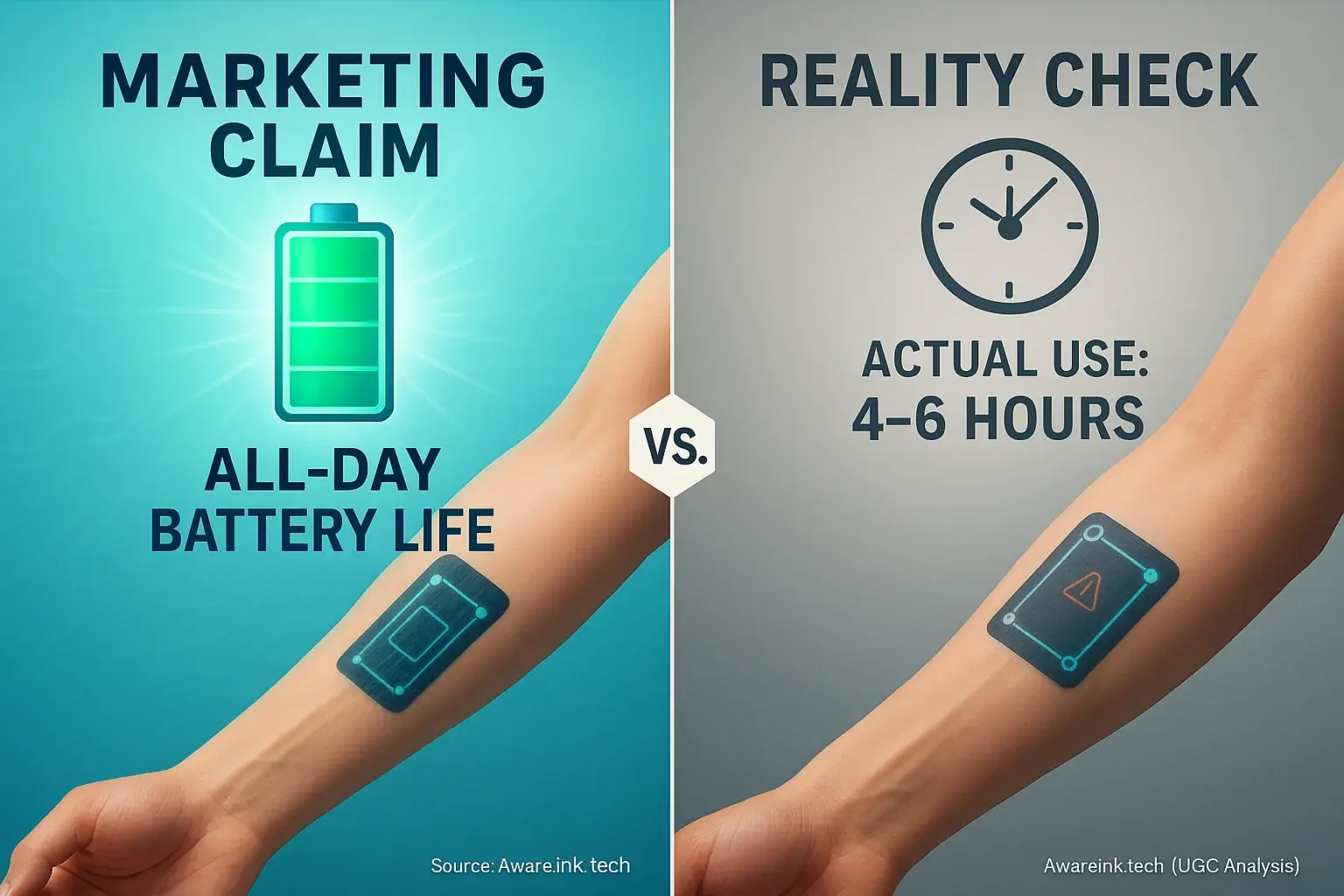 Conceptual infographic: Smart tattoo 'All-Day Battery' claim vs. '4-6 Hours Active Use' reality.