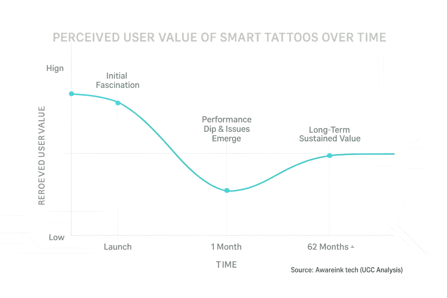 Line graph: Smart tattoo user satisfaction initially high, dips, then stabilizes over time, reflecting long-term experience.