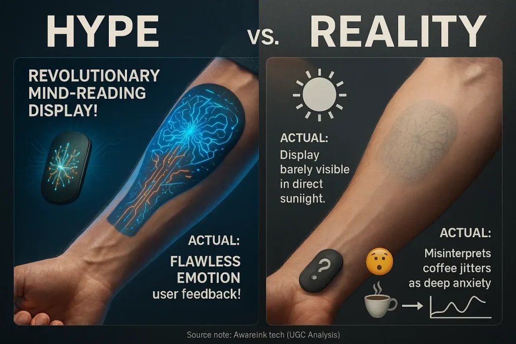 Infographic: Smart tattoo hype ('reads mind') vs. reality ('correlates signals'), showing why specs matter. Source: