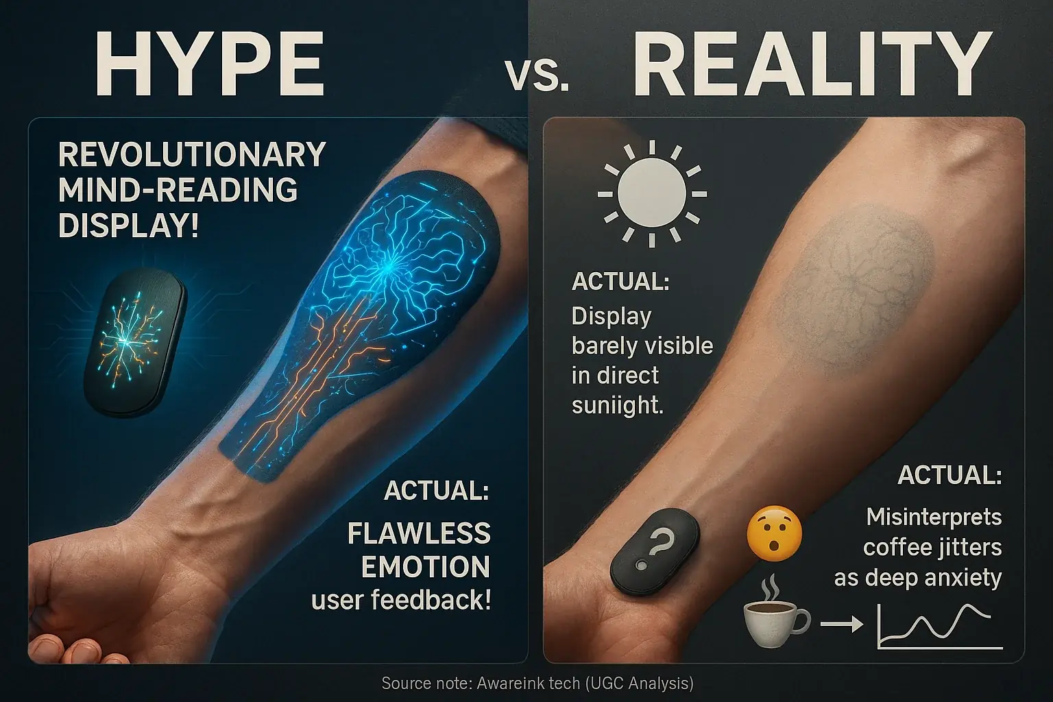 Infographic: Smart tattoo hype ('reads mind') vs. reality ('correlates signals'), showing why specs matter. Source: