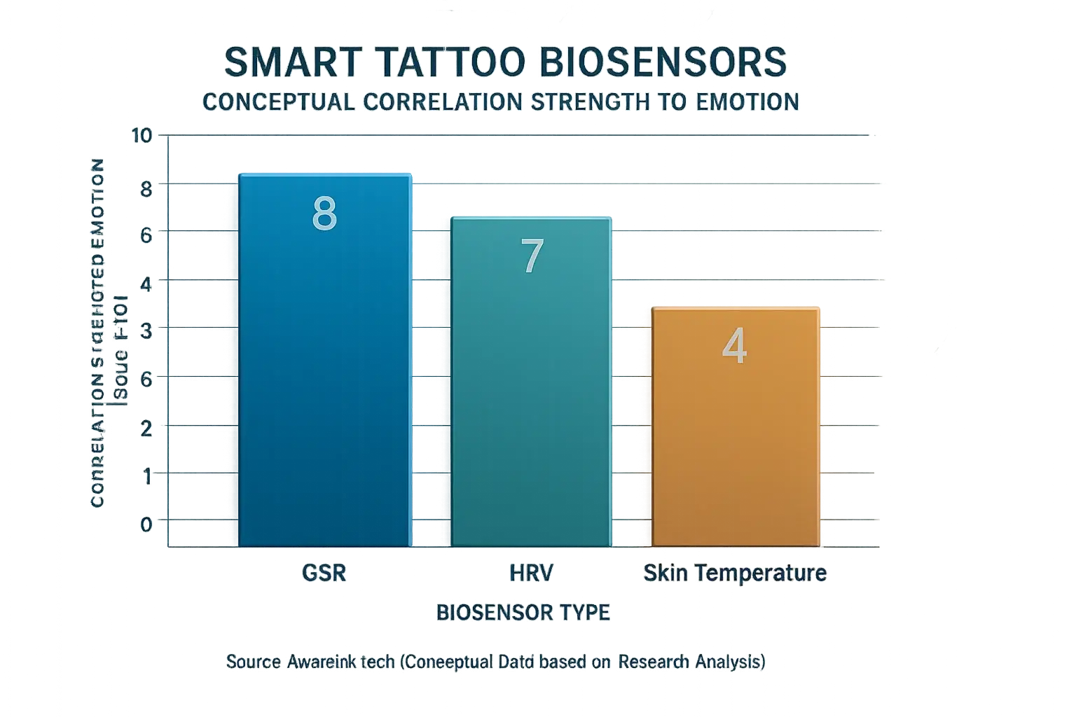 Conceptual chart: In smart tattoos, HRV offers highest mood tracking accuracy, followed by GSR, then Skin Temperature.