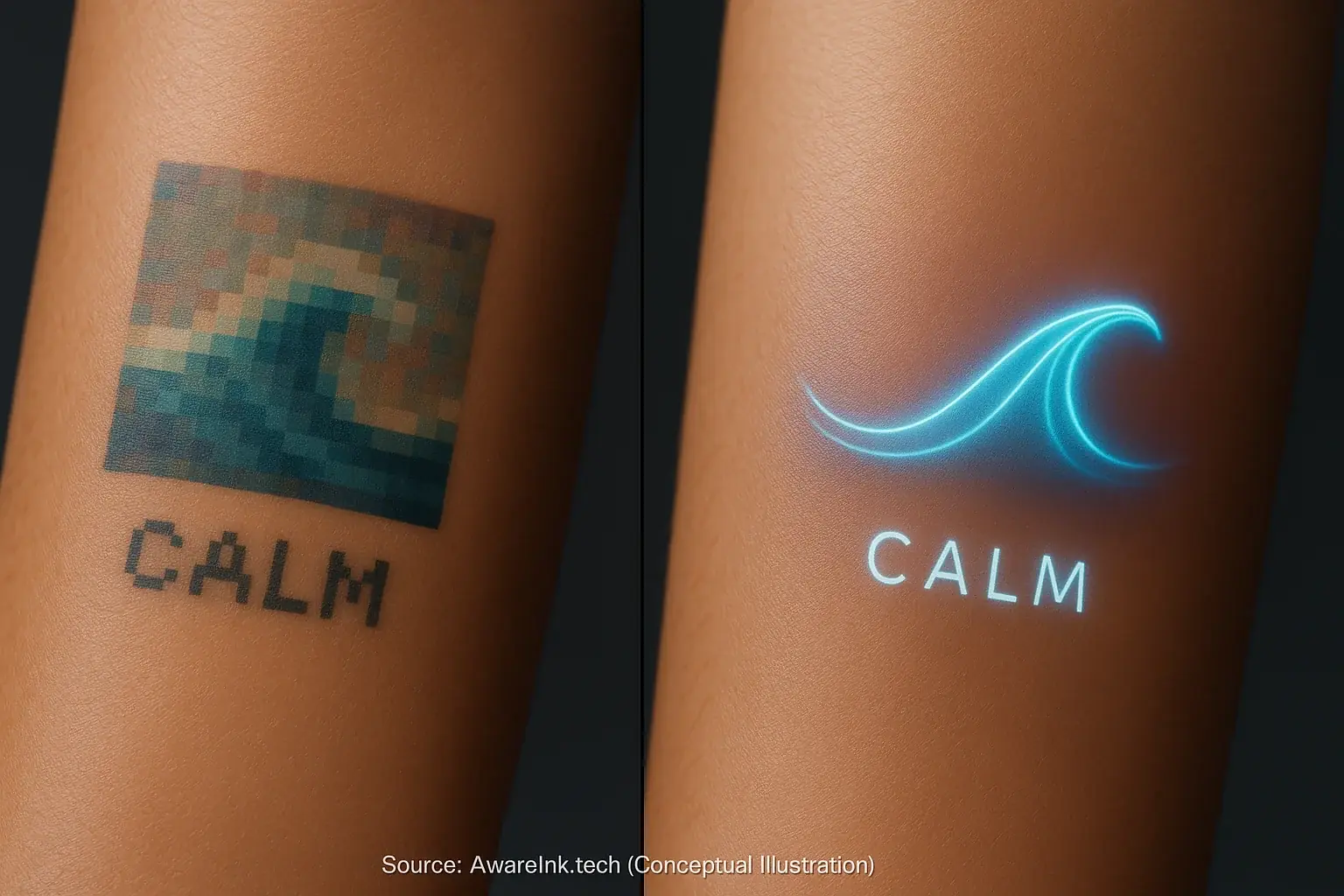 Comparing smart tattoo mood displays: pixelated & unclear vs. high-resolution, clear & aesthetically pleasing.
