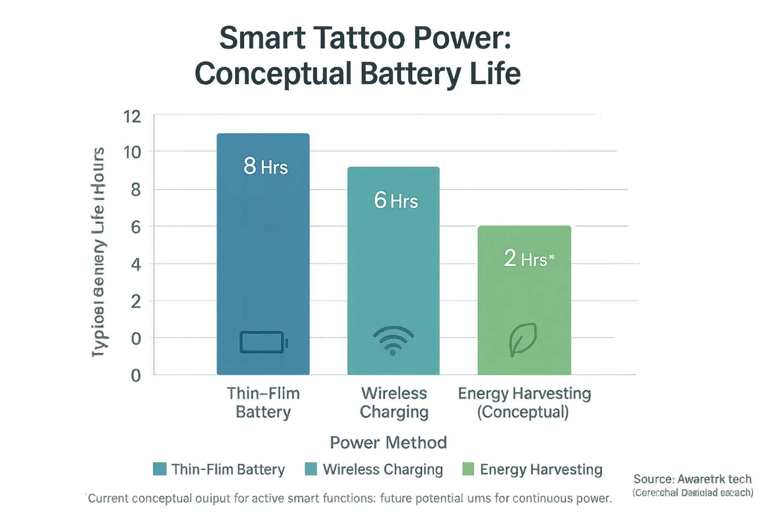 Conceptual bar chart: Typical smart tattoo battery life (hrs) by power method—Thin-Film, Energy Harvesting, Wireless