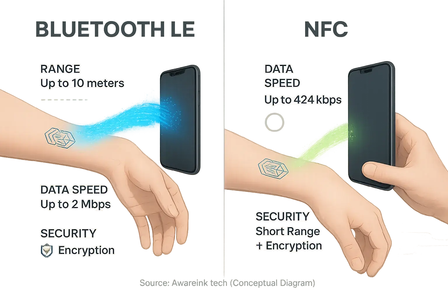 Smart tattoo data flow (skin to phone) via Bluetooth LE vs. NFC, compared by range, conceptual speed, security.