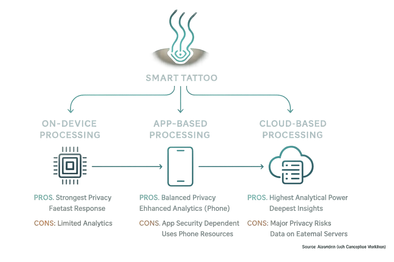 Flowchart: Smart tattoo data paths – on-device (privacy), app (balanced), cloud (analytics) – showing processing trade-offs.
