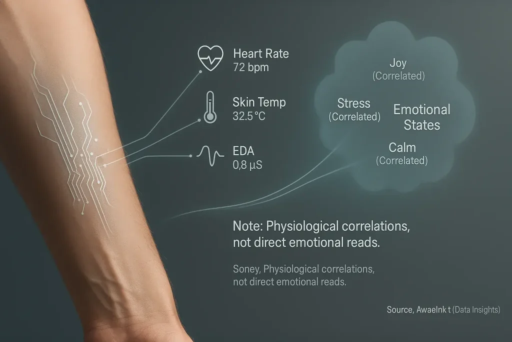 Conceptual diagram: smart tattoo biosensors link physiological signals (e.g., heart rate) to correlated emotional states,