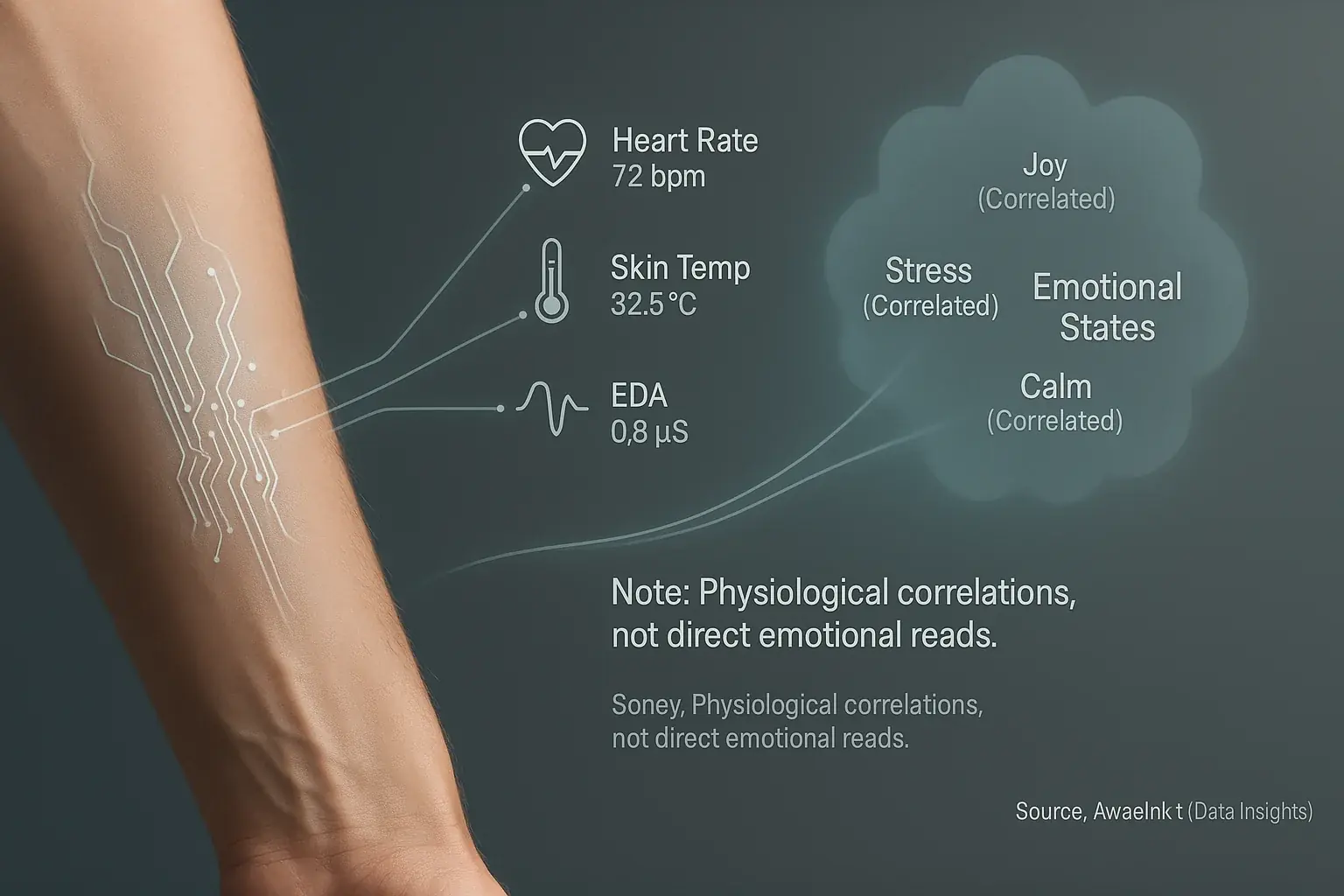 Conceptual diagram: smart tattoo biosensors link physiological signals (e.g., heart rate) to correlated emotional states,