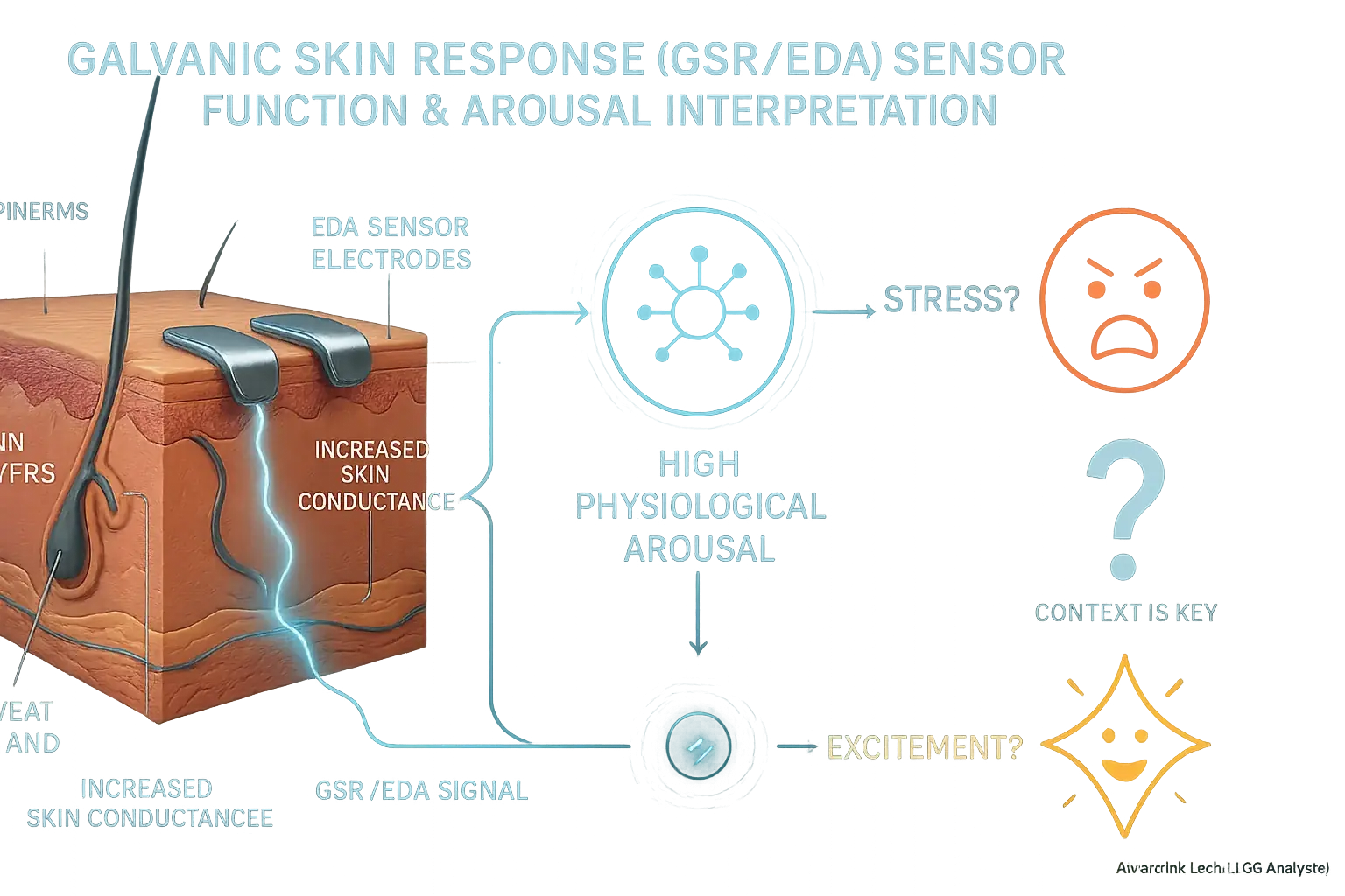 Conceptual diagram: How GSR/EDA sensors use skin's sweat signals for arousal detection, noting emotional ambiguity.
