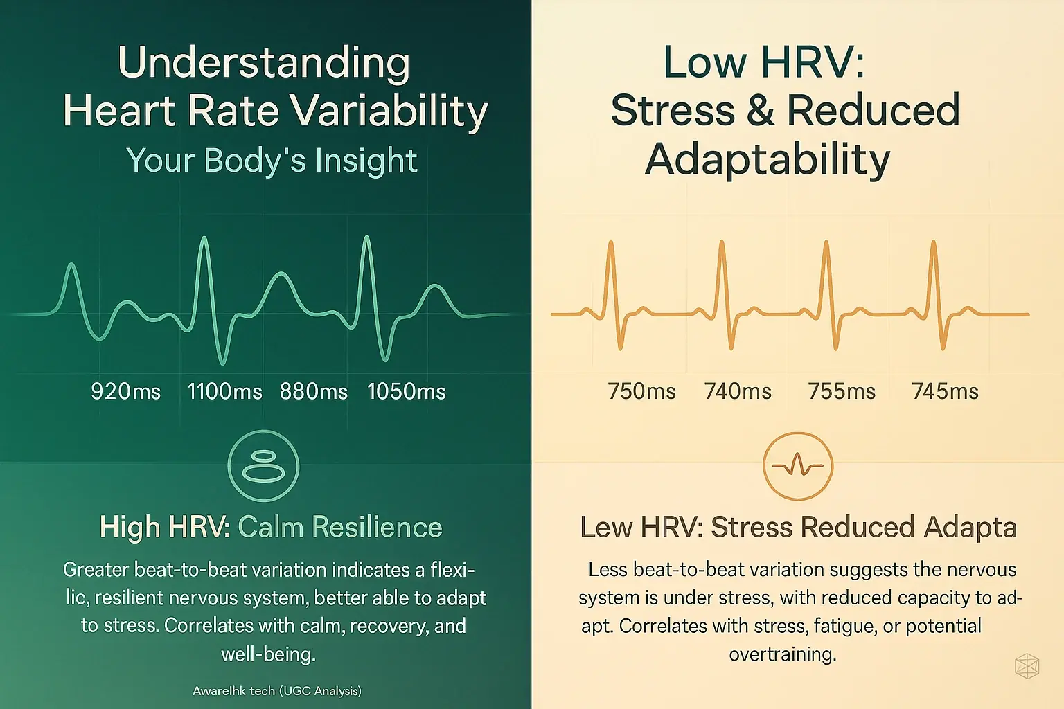 HRV infographic compares heartbeat patterns: high variability signals calm, low signals stress. Smart tattoo icon for