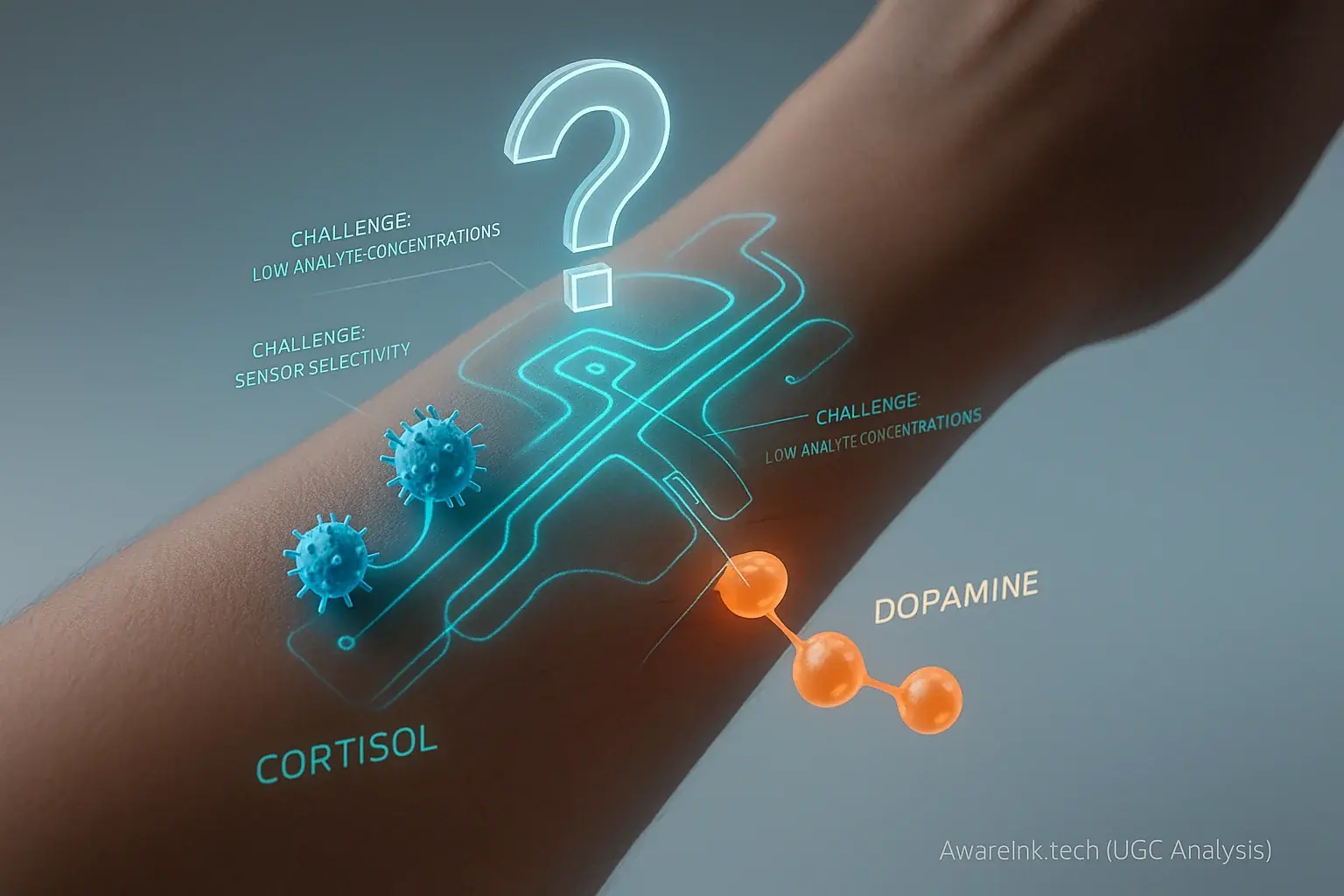 Futuristic smart tattoo concept: molecules (cortisol, dopamine) flow to skin sensor, question mark highlights detection