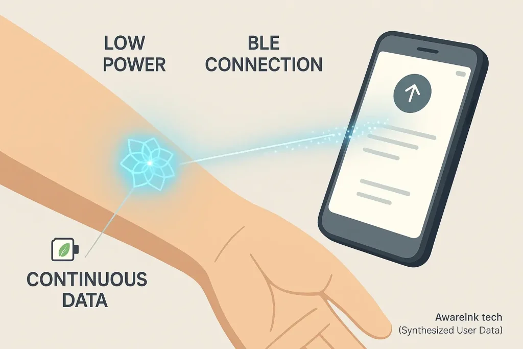 BLE facilitates continuous, low-power data flow from a glowing smart tattoo on an arm to a smartphone.