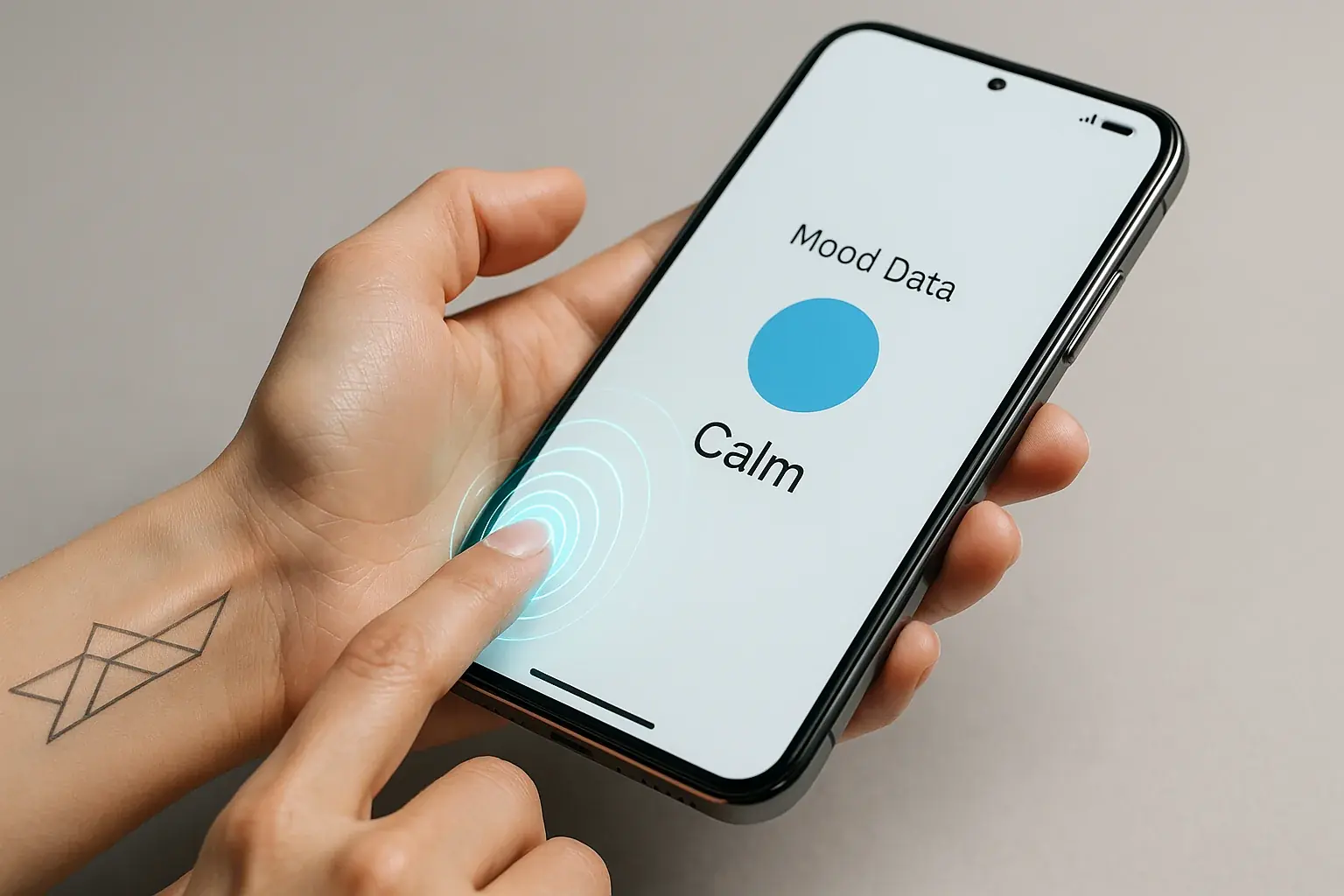 Glowing smart wrist tattoo on hand taps phone, transferring quick NFC mood insights.