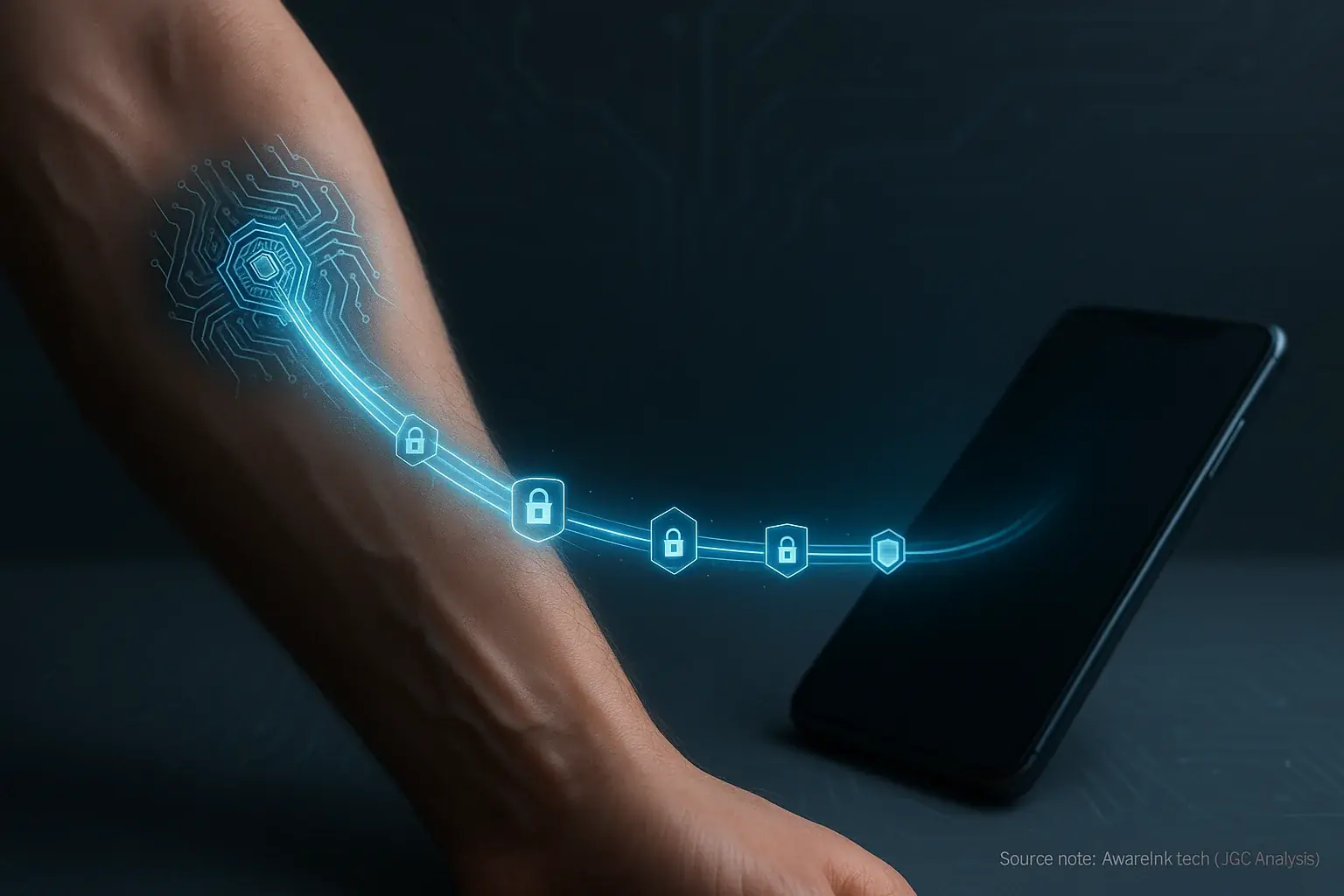 Smart tattoo on arm sends locked data packets via secure line to a phone, visualizing encrypted wireless communication.