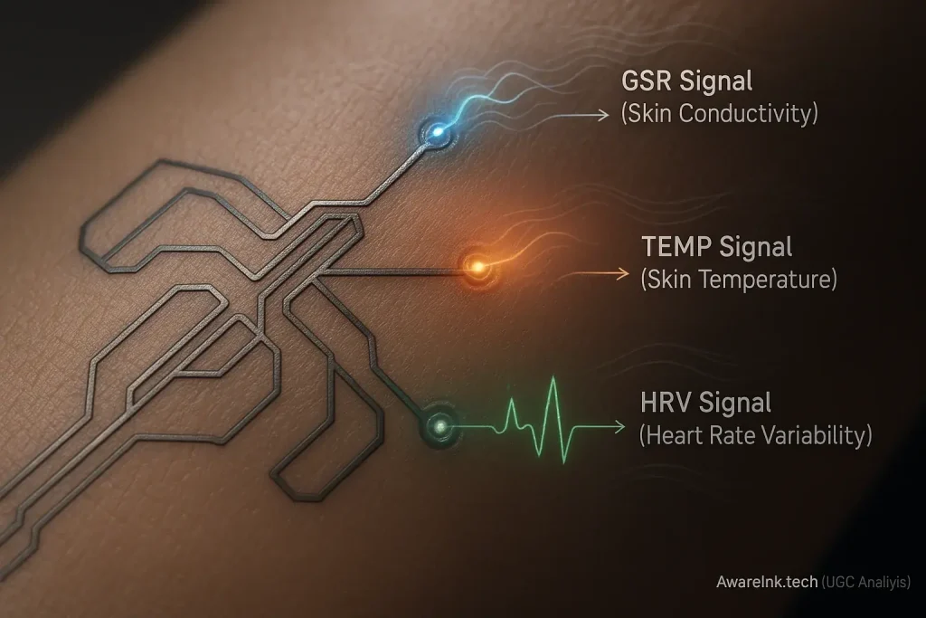 Infographic: Arrows illustrate smart tattoo biosensors on skin actively capturing physiological signals (heart rate, temp).