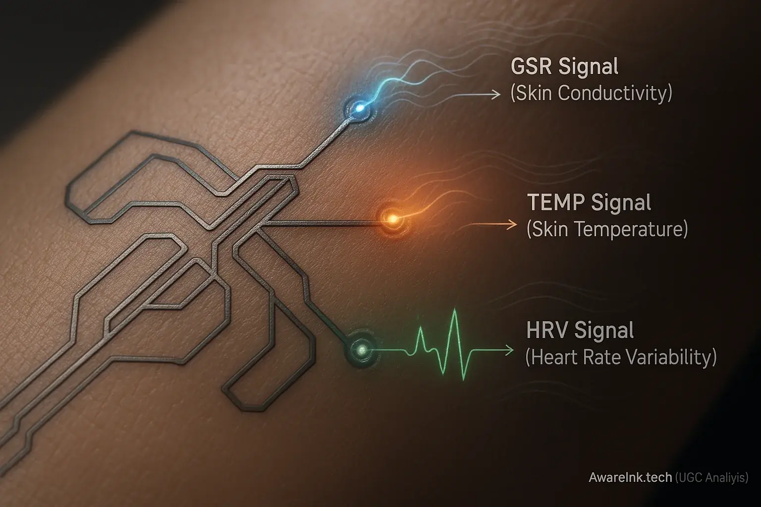 Infographic: Arrows illustrate smart tattoo biosensors on skin actively capturing physiological signals (heart rate, temp).