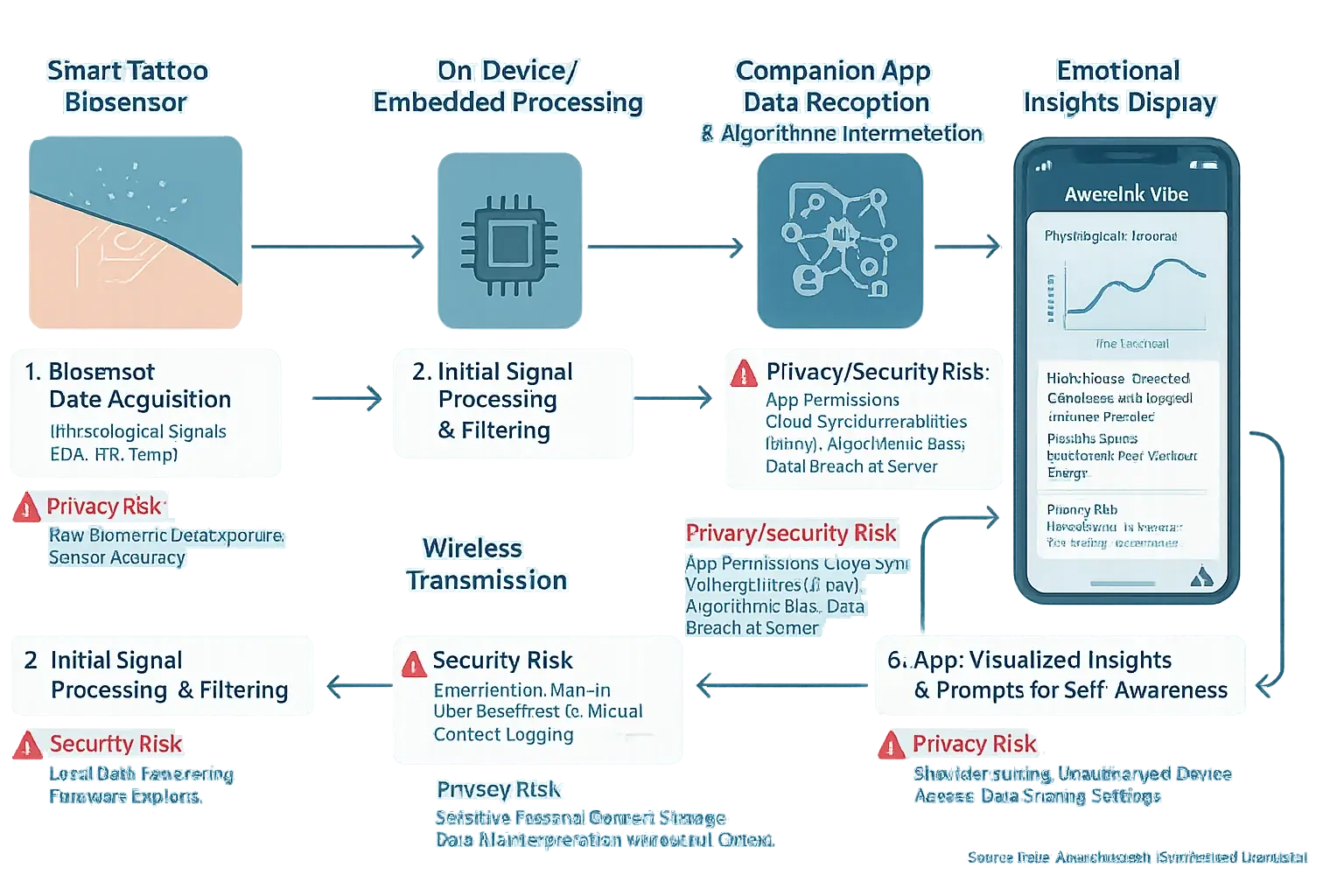 Flowchart: Smart tattoo data journey to app-interpreted emotional insights, noting privacy risks at each stage.