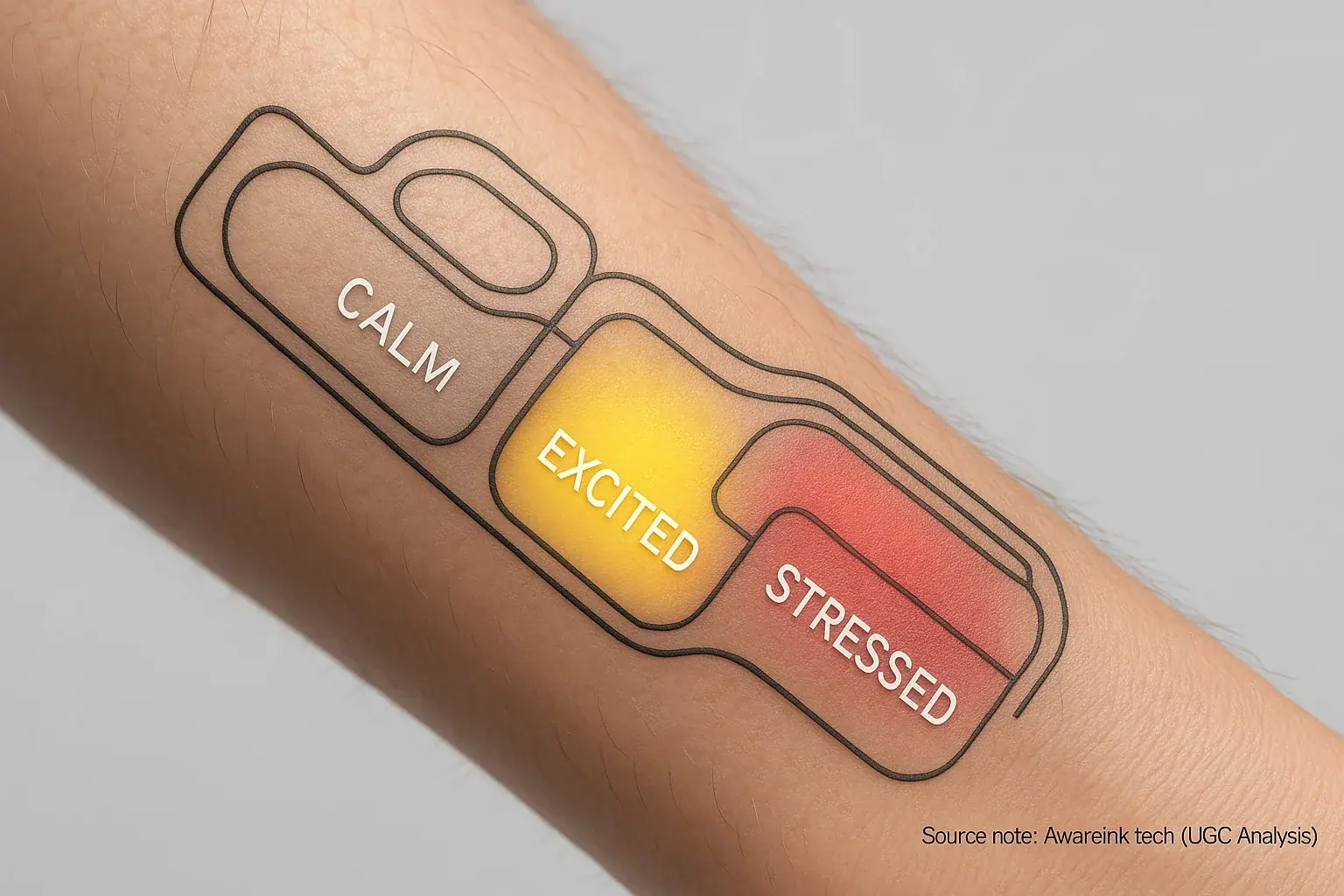 Infographic: Futuristic smart tattoo on skin visualizes emotions via color changes: blue (calm), yellow (excited), red
