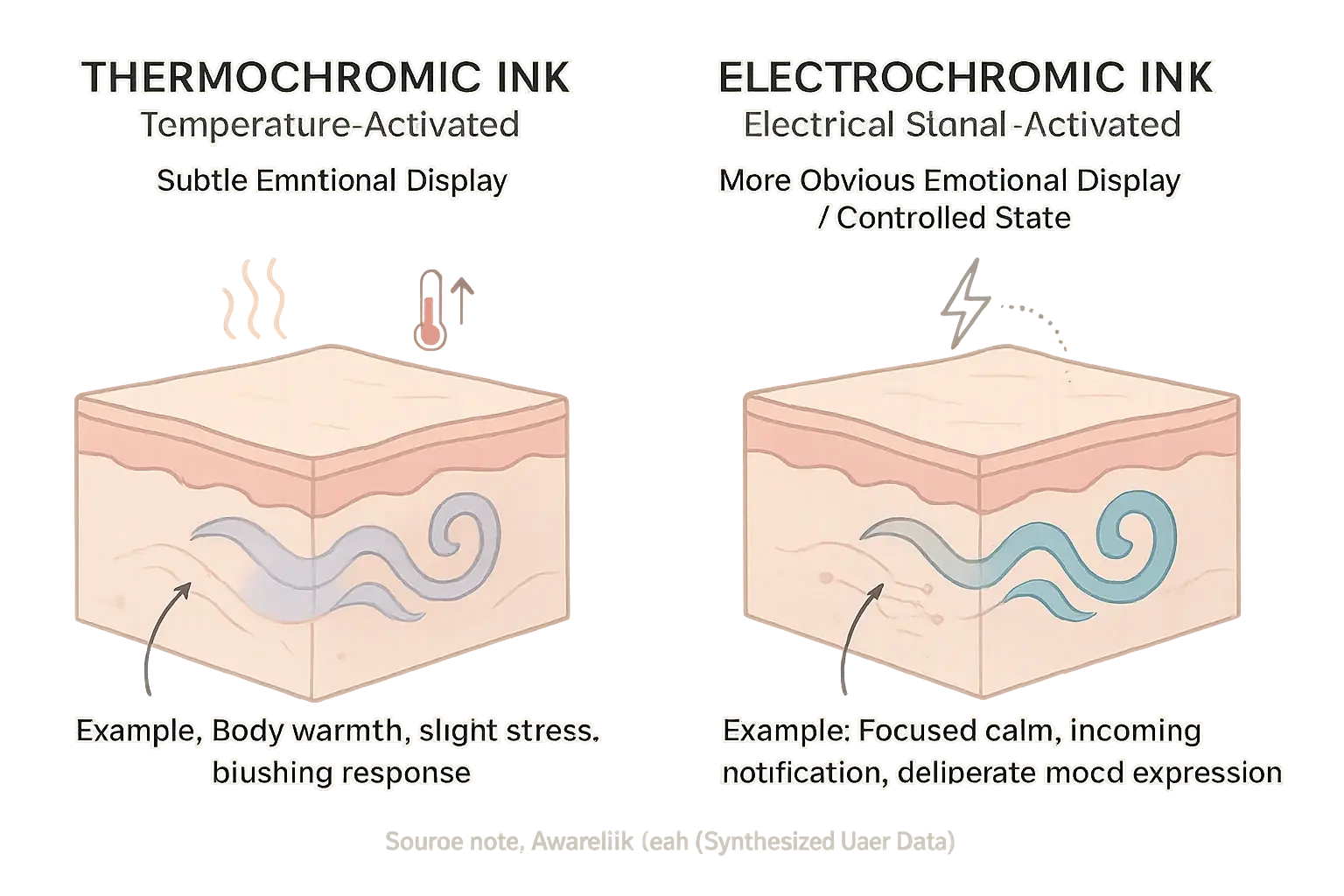 Smart tattoo ink comparison: Thermochromic (temp, subtle emotion) vs. electrochromic (electric, obvious emotion) color