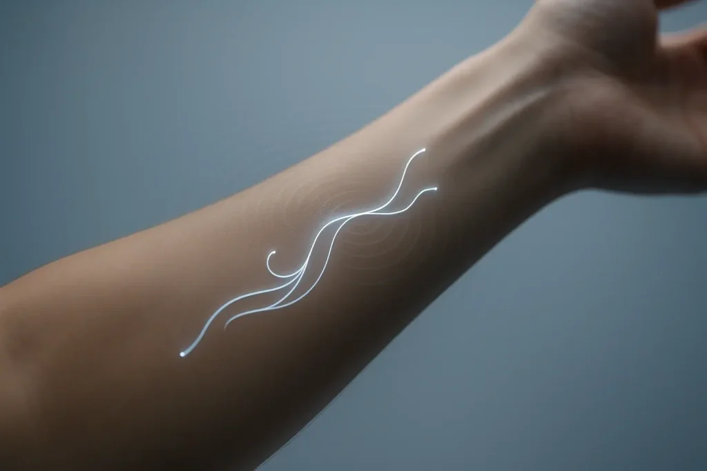 Vibrating smart tattoo on stylized arm, an unseen language of haptic cues for stress reduction or mindfulness.