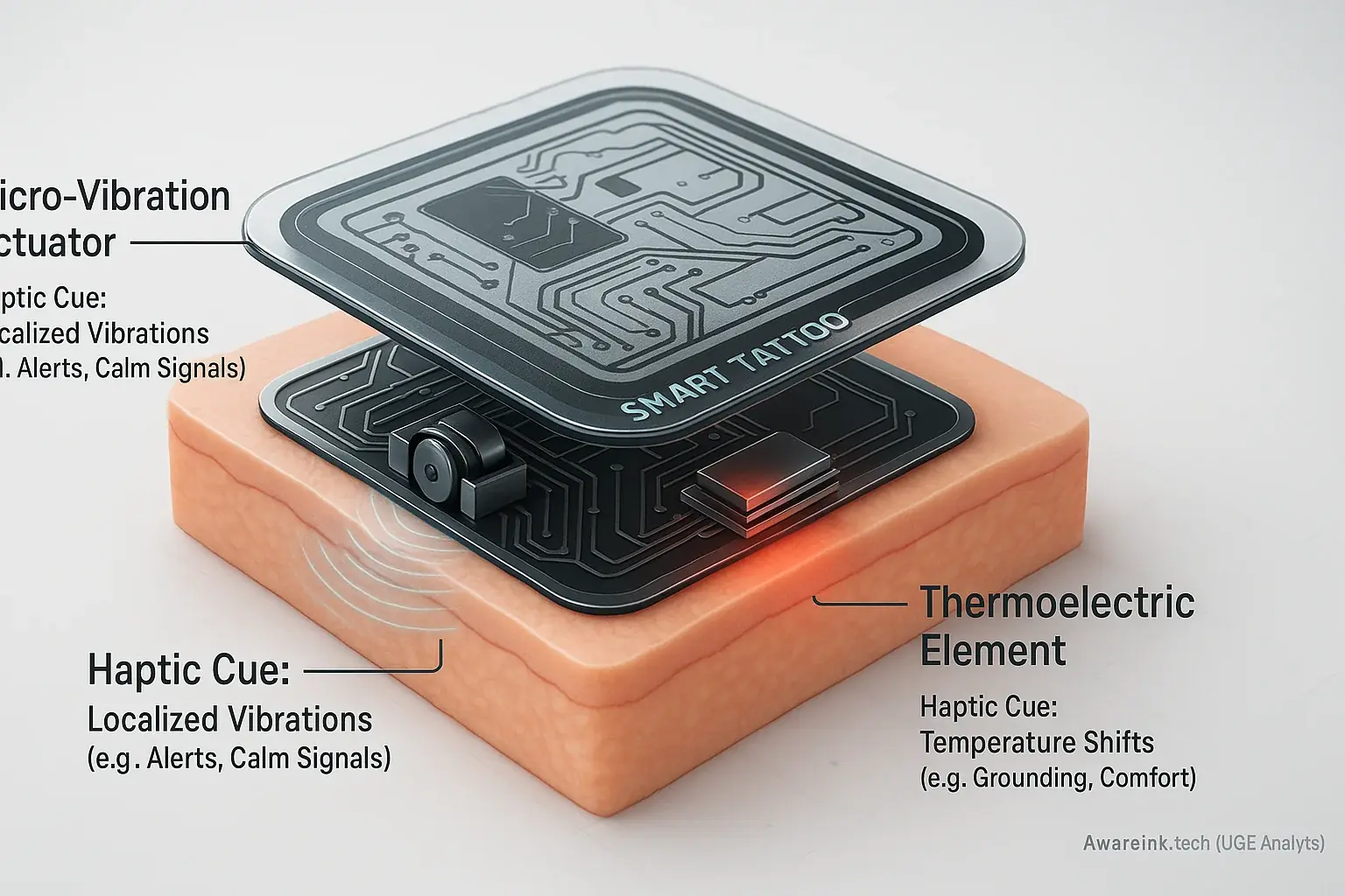 Infographic: Labeled cross-section of smart tattoo showing how micro-vibration actuator &amp; thermoelectric element create