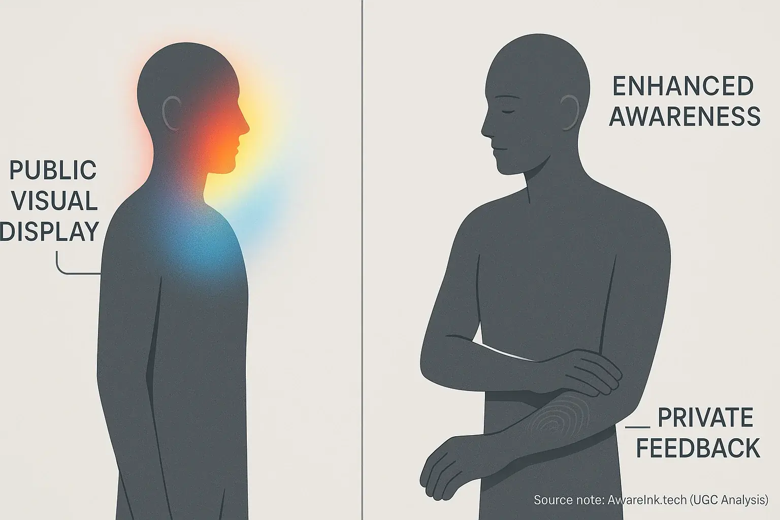 Infographic: Visual &#x27;Enhanced Awareness&#x27; display vs. embodied haptic &#x27;Private Feedback&#x27; waves on skin.