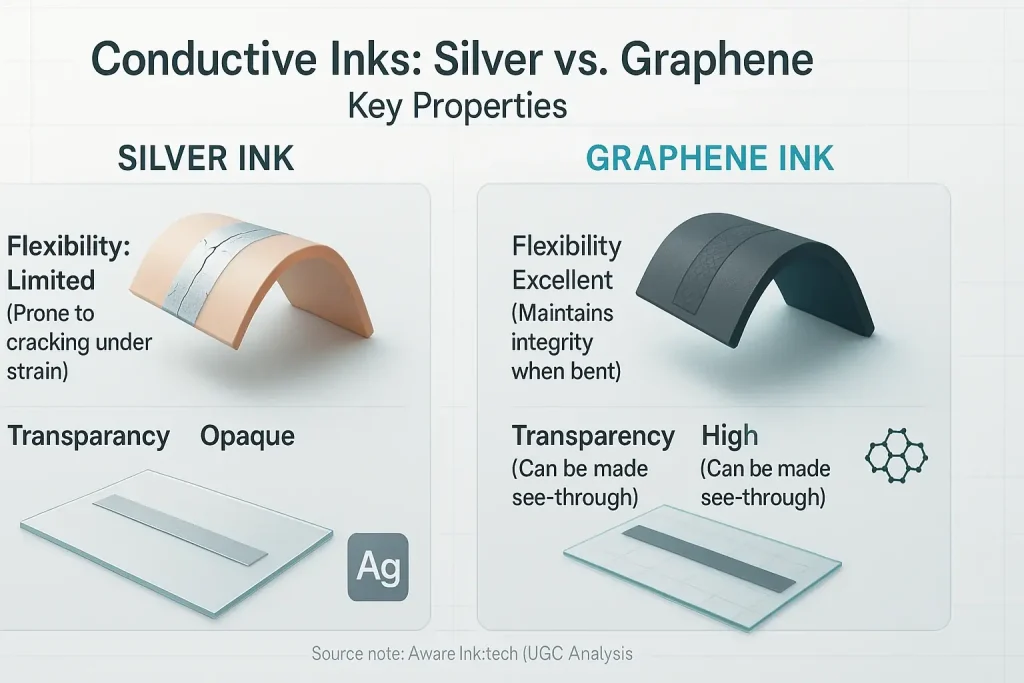 Infographic: Graphene ink leads in flexibility, transparency, biocompatibility for body sensors; silver in conductivity.