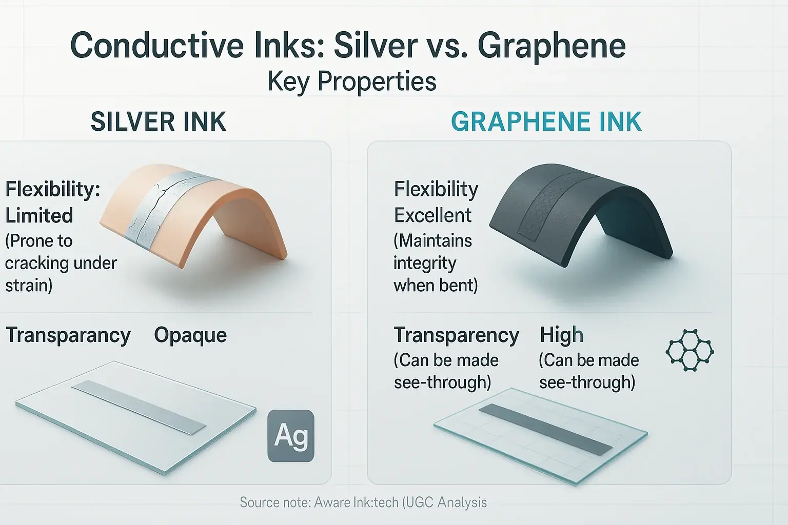 Infographic: Graphene ink leads in flexibility, transparency, biocompatibility for body sensors; silver in conductivity.