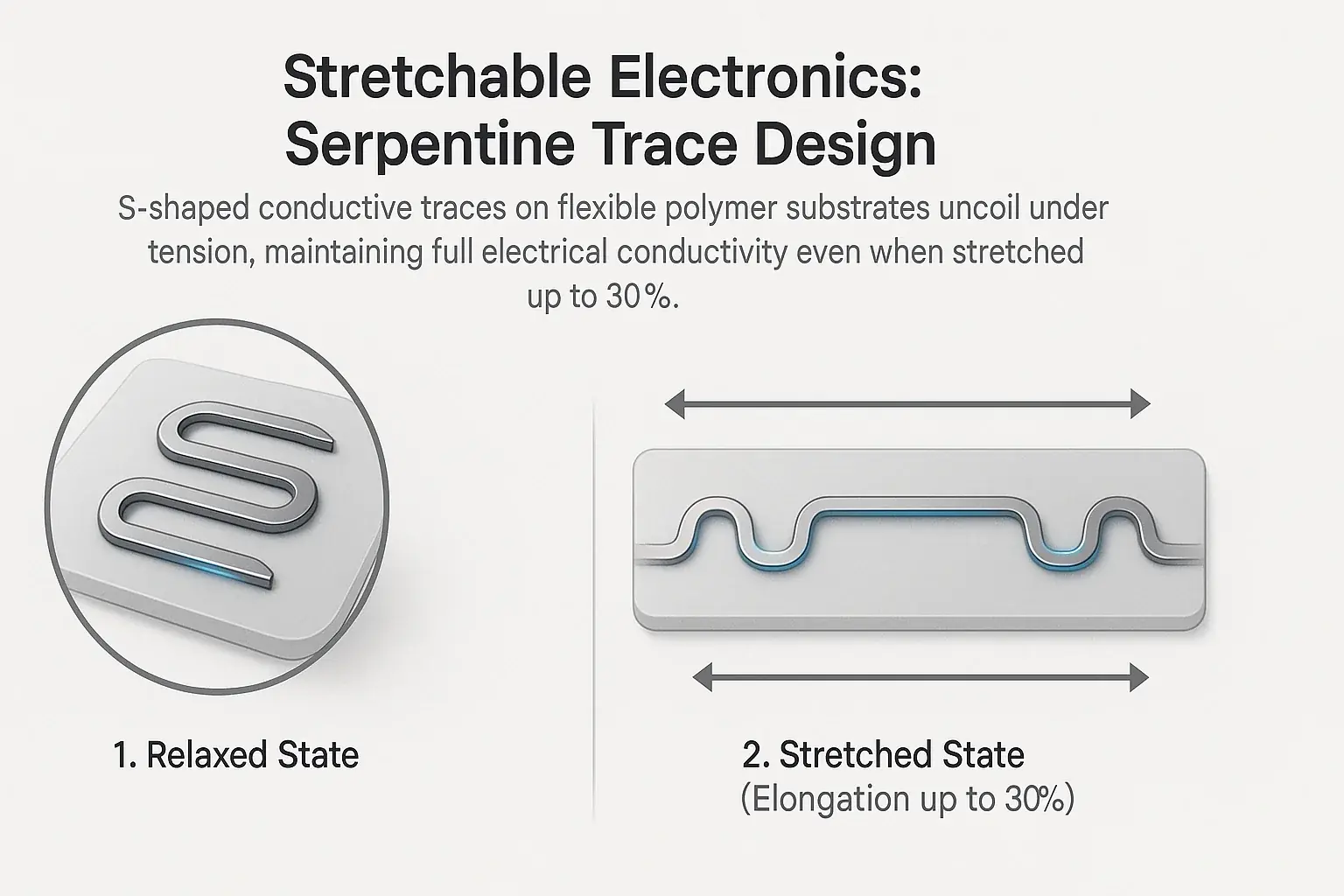Infographic: Serpentine conductive trace enables smart tattoos to stretch, maintaining conductivity via its S-shape design.