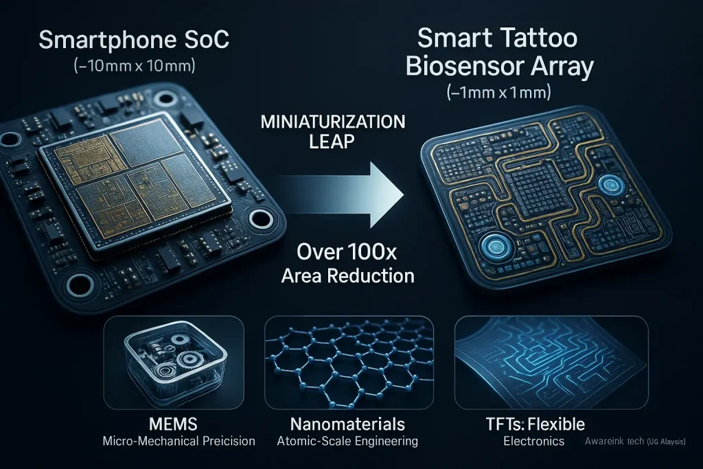 Smartphone component contrasted with much smaller smart tattoo biosensor, illustrating miniaturization via MEMS,
