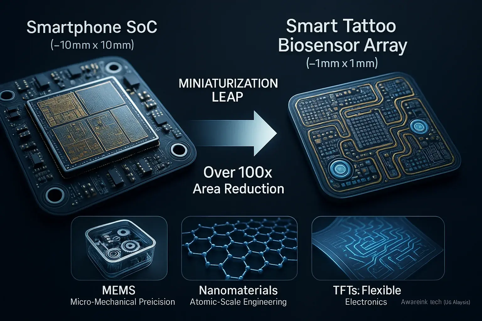 Smartphone component contrasted with much smaller smart tattoo biosensor, illustrating miniaturization via MEMS,