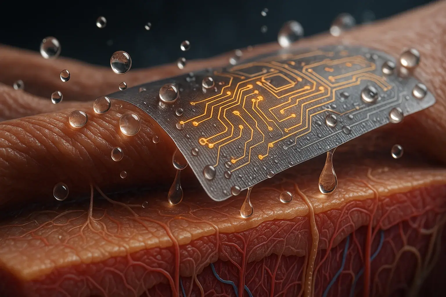 Conceptual smart tattoo on skin cross-section struggles with flexibility, moisture, secretions, and adhesion on dynamic skin.