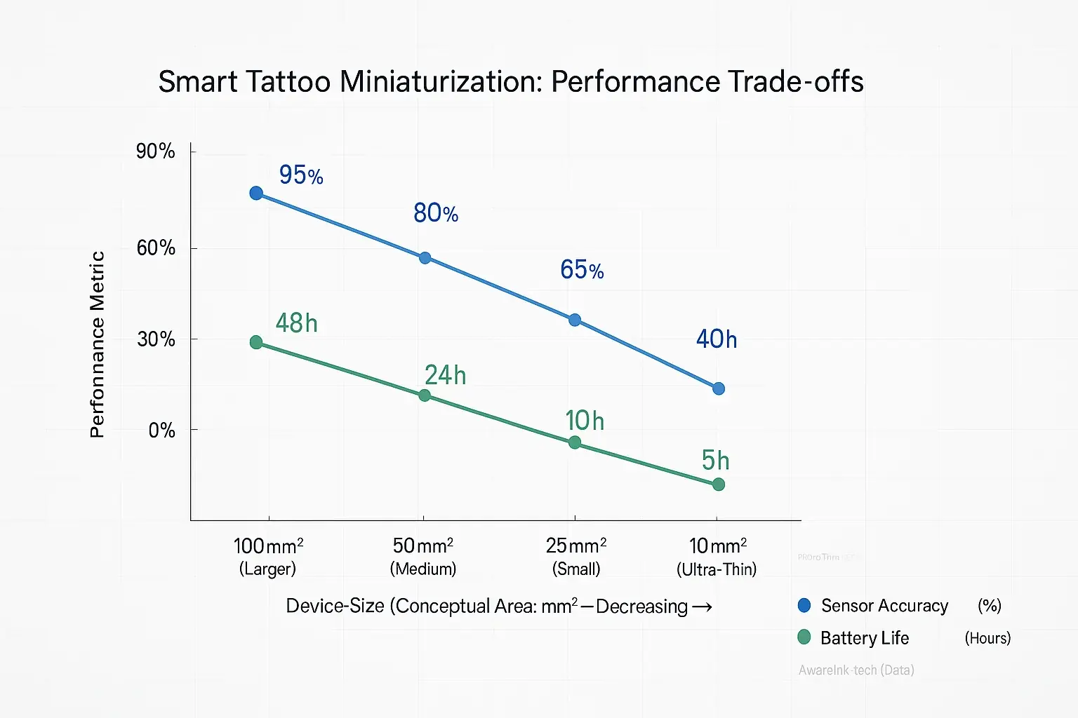 Conceptual chart: As smart tattoo size shrinks, sensor accuracy or battery life tends to decrease, showing miniaturization