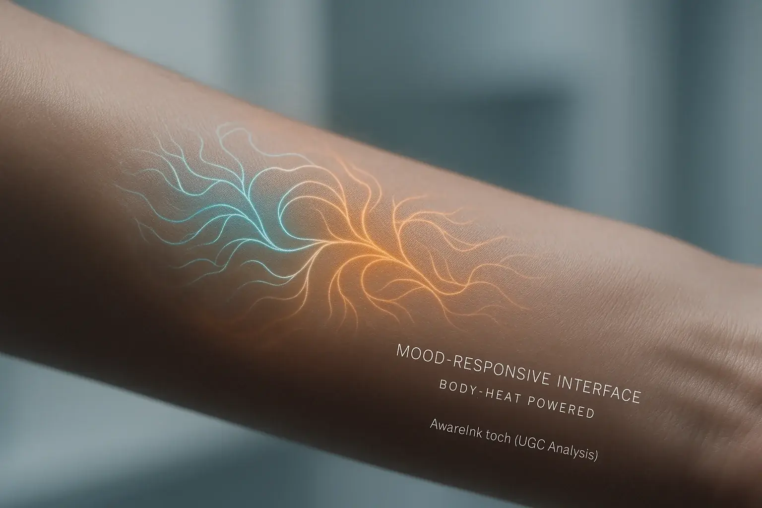 Sleek, almost invisible smart tattoo with dynamic light patterns, seamlessly integrated, hinting at advanced miniaturization.