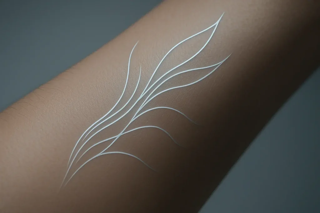 Sleek, flexible smart mood tattoo seamlessly on skin, its subtle glow signifying the power keeping your vibe alive.
