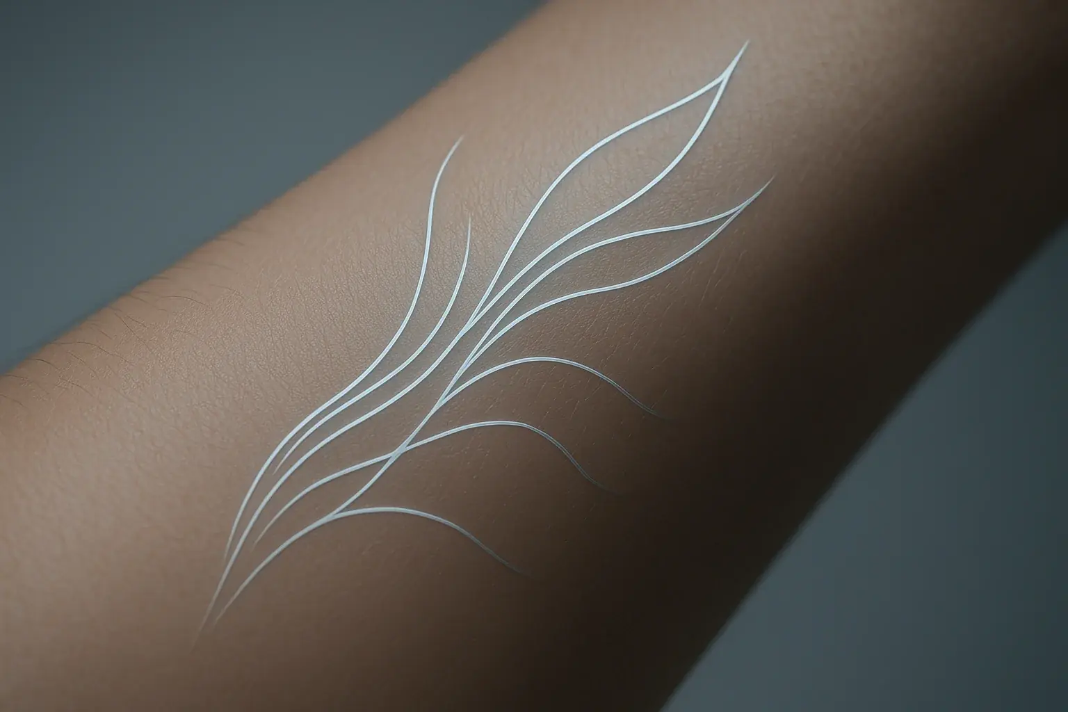 Sleek, flexible smart mood tattoo seamlessly on skin, its subtle glow signifying the power keeping your vibe alive.