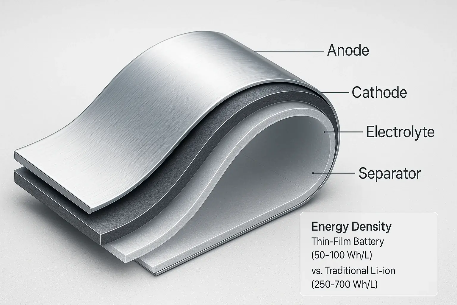 Cross-section of thin-film battery layers (Anode, Cathode, Electrolyte, Separator) demonstrating its flexible, paper-thin