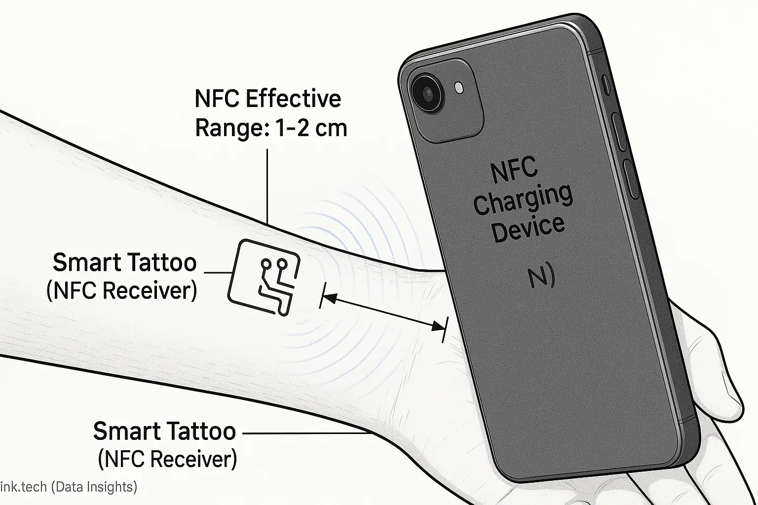 Technical diagram emphasizing short-range NFC/inductive wireless charging of a smart tattoo on an arm via a nearby device.