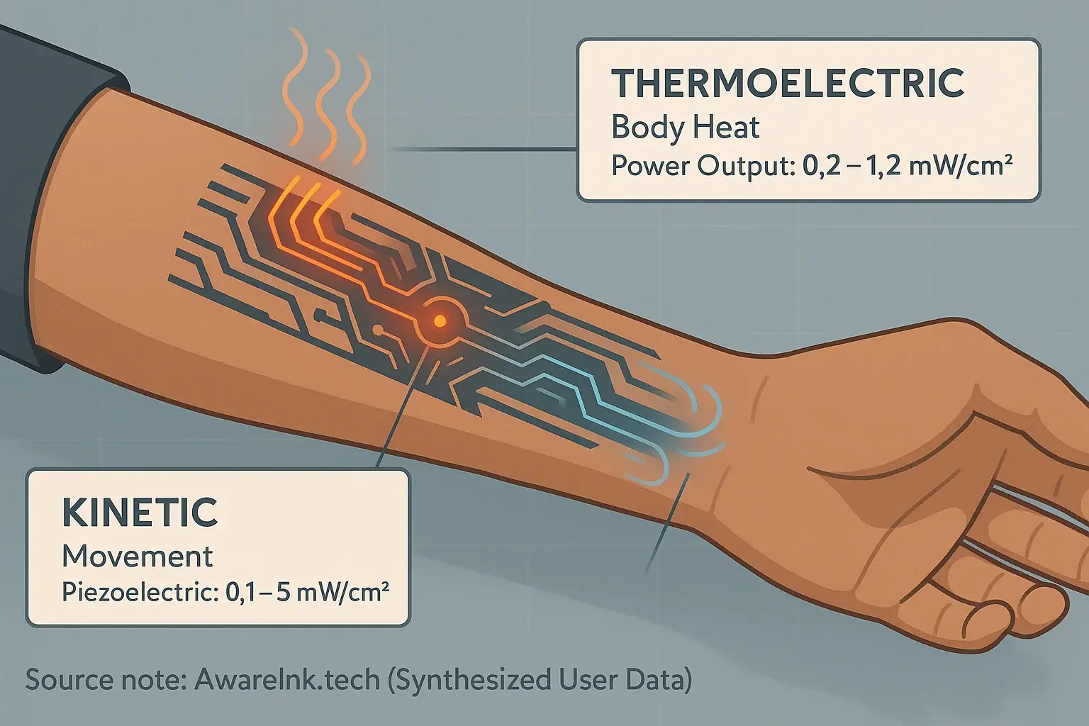 Conceptual infographic: smart tattoo on arm harvests body heat & arm movement for self-sustaining power, showing energy flow.