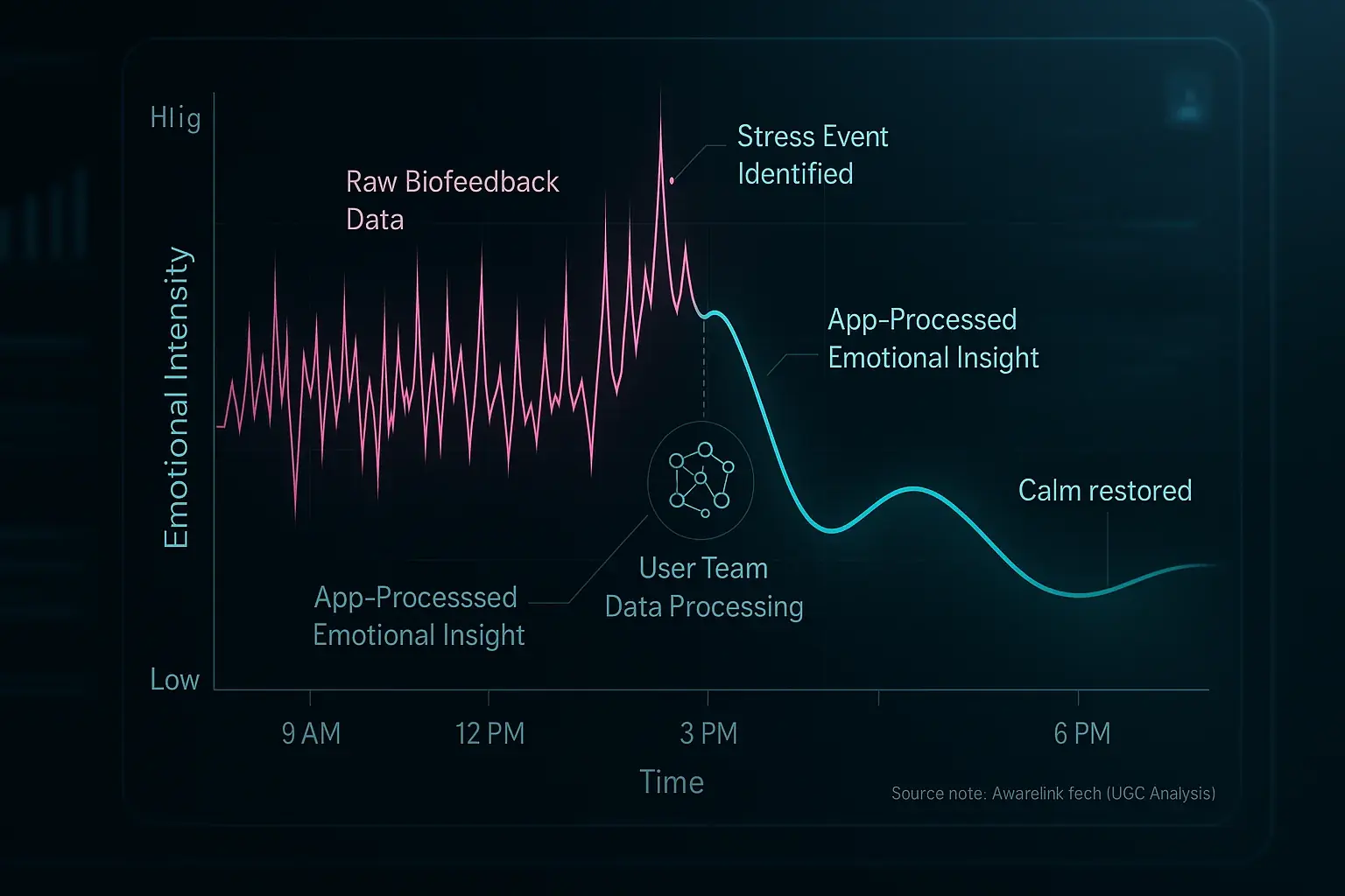 Line graph: App transforms noisy biofeedback data into a smooth, clear emotional insight trend.