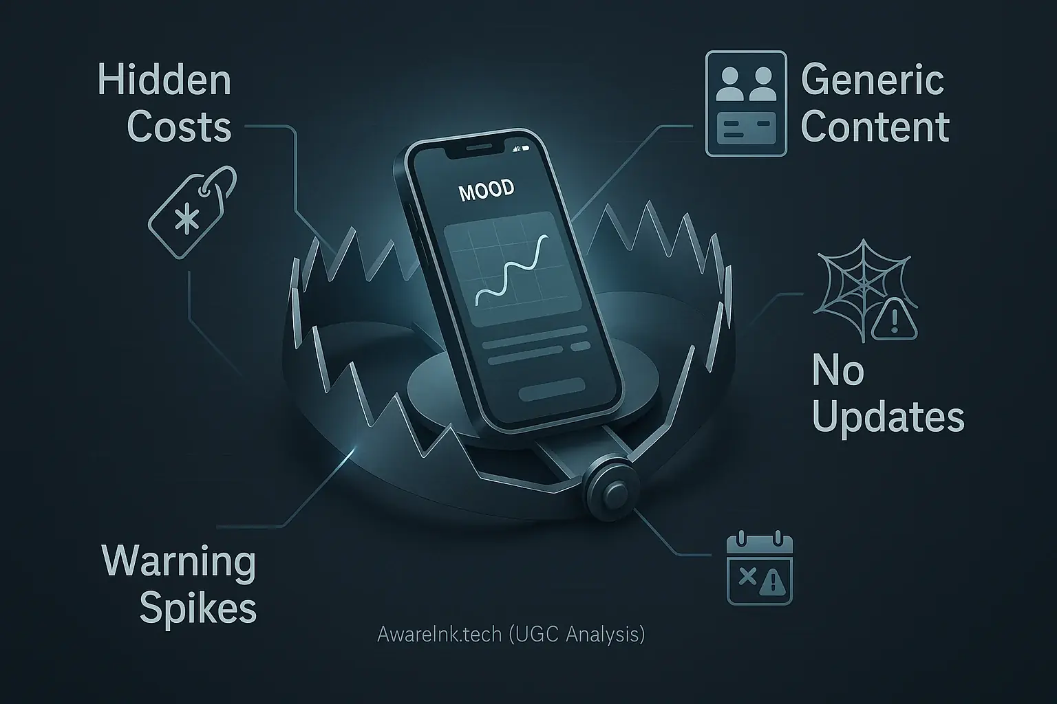 Infographic: Trap icon with app inside, shows common mood tattoo app pitfalls: hidden costs, generic content, no updates.