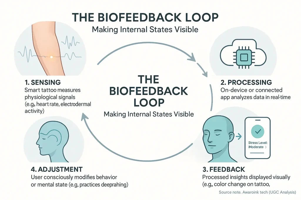 Biofeedback loop: Smart tattoo measures signals, data processing displays feedback for visualizing & adjusting internal