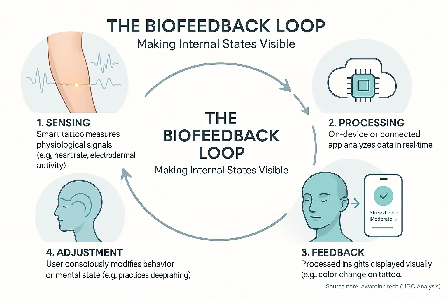 Biofeedback loop: Smart tattoo measures signals, data processing displays feedback for visualizing & adjusting internal