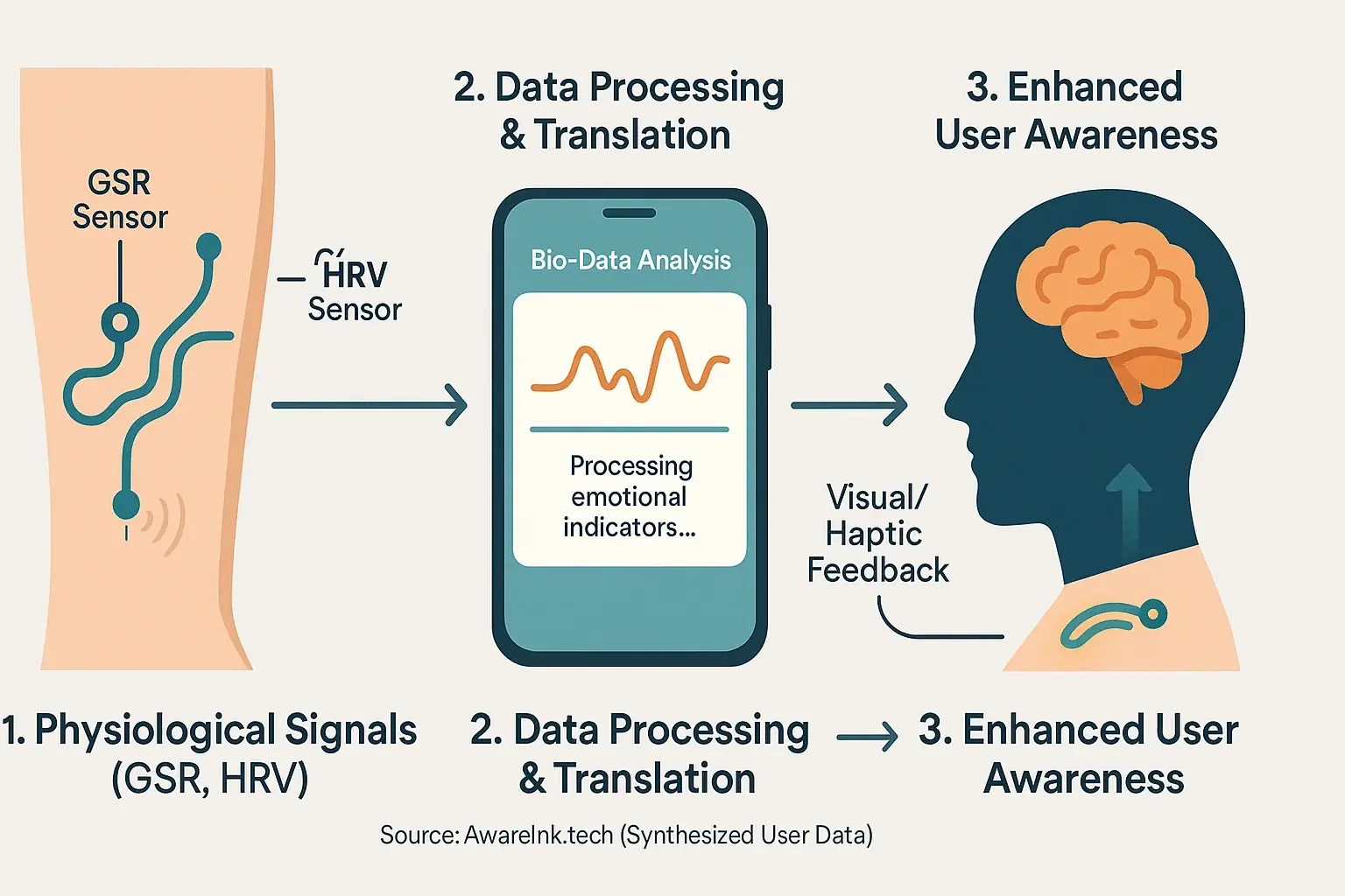 Diagram: Biofeedback loop from smart tattoo on skin, through an app, to user's real-time emotional awareness.