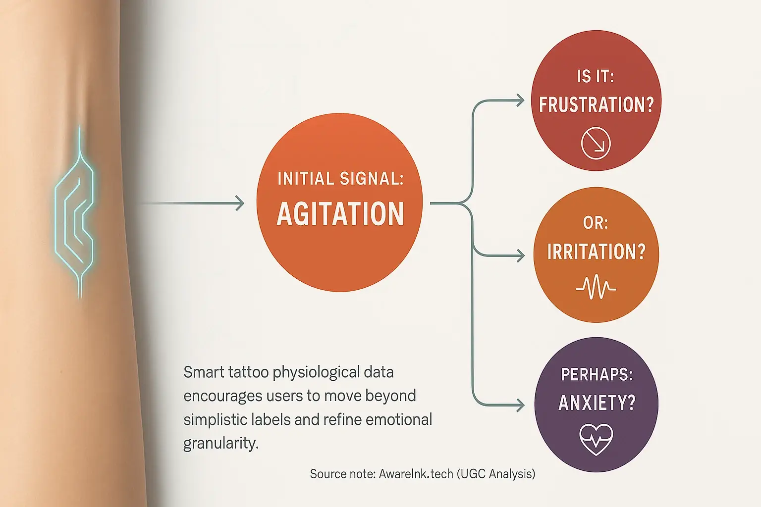 Infographic: Smart tattoo distinguishes subtle emotions like 'stressed' vs 'anxious' on an emotional spectrum.