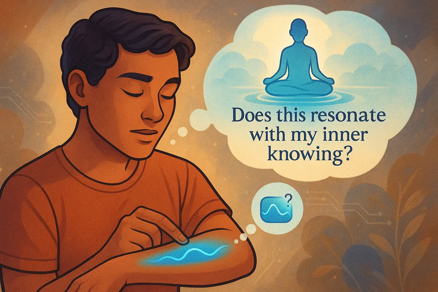 Person views smart tattoo, thought bubbles depict intuition and reflection balancing tech data with inner wisdom.